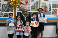 L-r: Inaaya Hayath, Lucy Watts, Mayor of Hertsmere Councillor Brenda Batten, Iris Topallaj, Alex Cham, Olivia MgBor