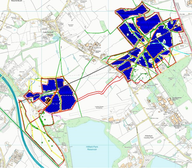 A map of the area with markings to show the proposed solar farm site.
