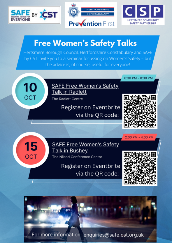 Women's safety talks poster for Radlett and Bushey events