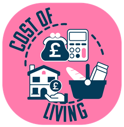 Cost of living logo, with house, purse, calculator and basket symbols