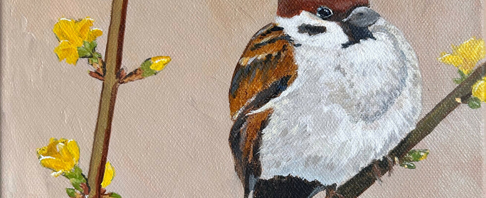 Painting of a brown sparrow on a branch with yellow flowers