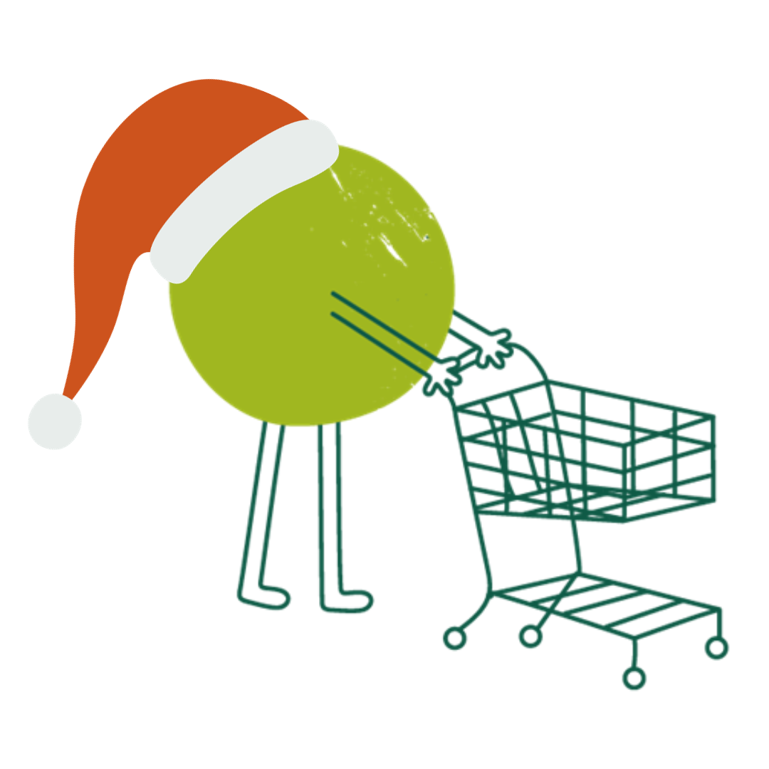 Hector with santa hat pushing shopping trolley