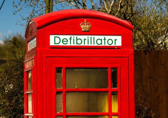 a defibrillator in an old phonebox