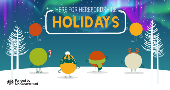 here for herefordshire holidays logo a winter scene featuring talk community characters underneath the northern lights