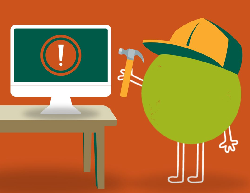 A Talk Community cartoon character holding a hammer in front of a broken computer
