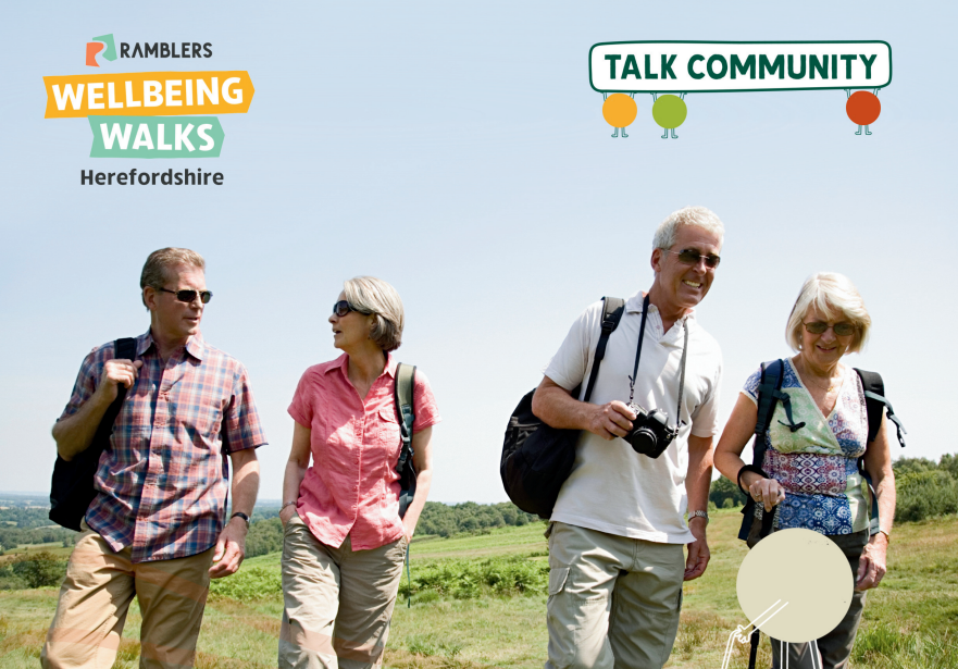 the ramblers wellbeing walks logo and the talk community logo on top of an image of a group of elderly people walking in the coutryside