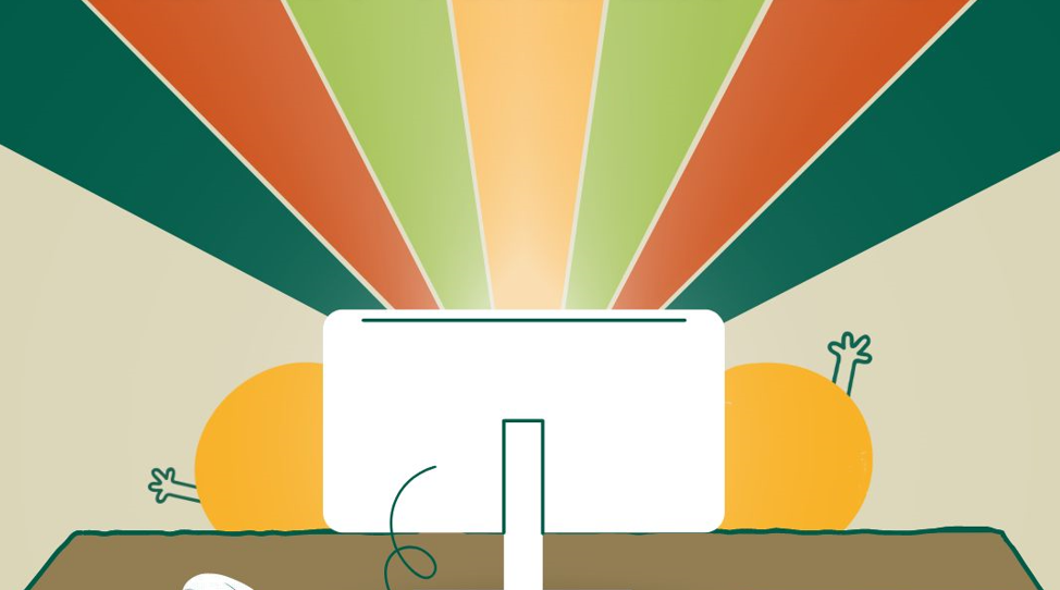 two talk community characters sat at a computer