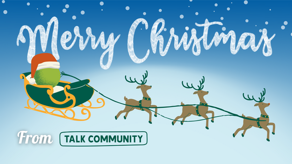 a talk community hector mascot flying a sleigh with reindeer