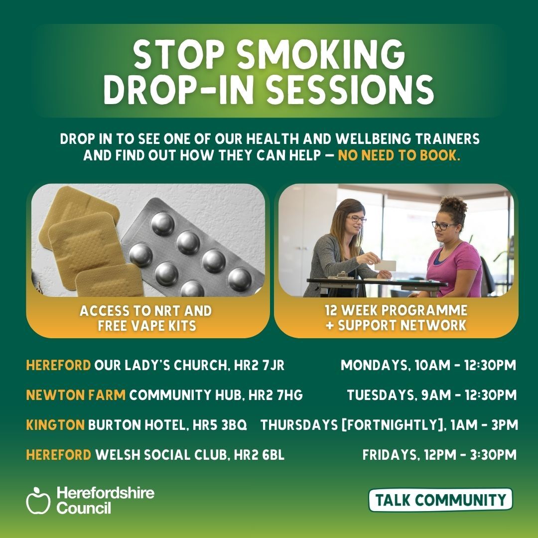 an image of tobacco patches and NRT pills next to an image of two women having a one on one conversation