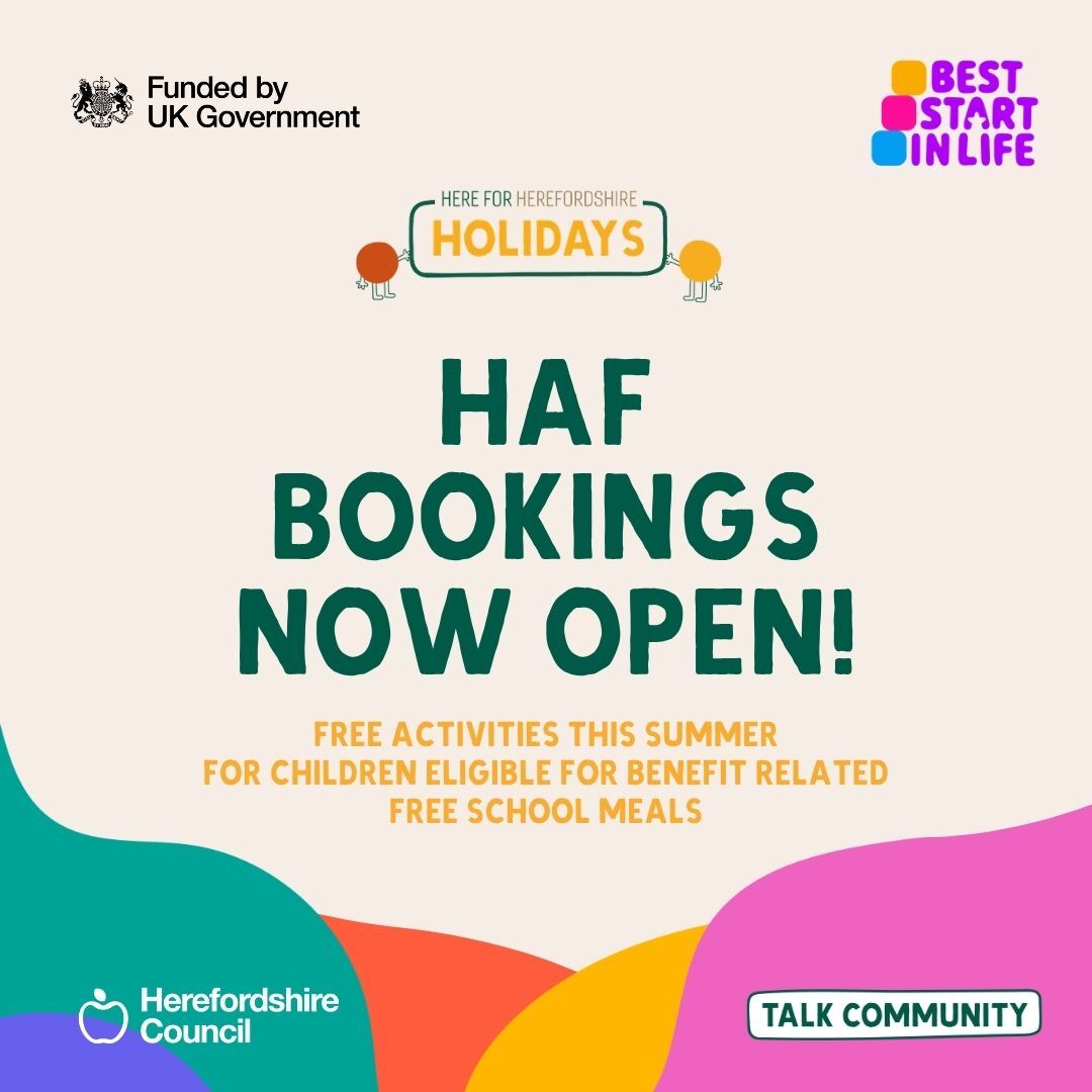 Promotional graphic announcing that HAF summer holiday activity bookings are now open for eligible children in Herefordshire.