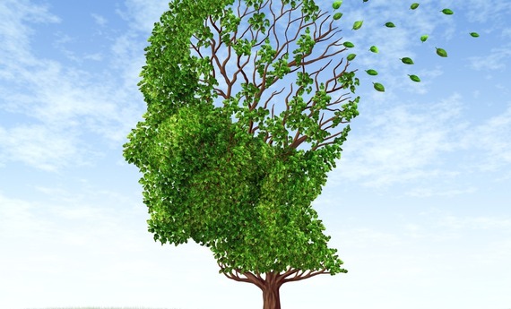 a tree in the shape of a head, with the leaves blowing away, to represent dementia