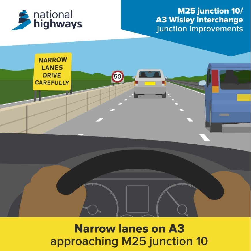 Narrow lanes will be introduced on the A3 approaching junction 10