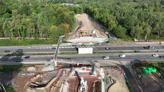 M25 junction 10 - view towards Guildford from Wisley Lane ready for beam installation October 2023