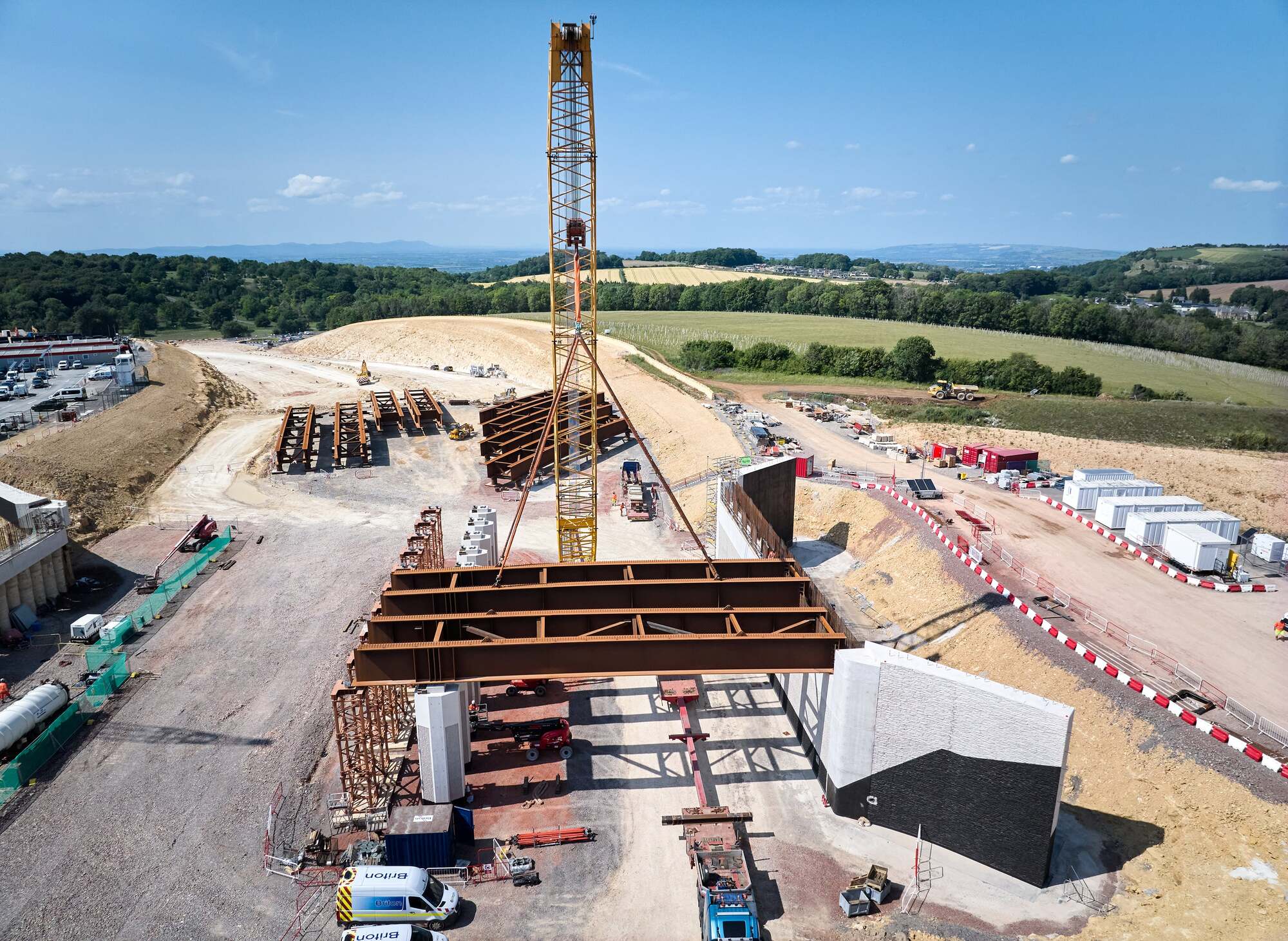 Bridge beams being lifted into place for the Gloucestershire Way bridge at Shab Hill