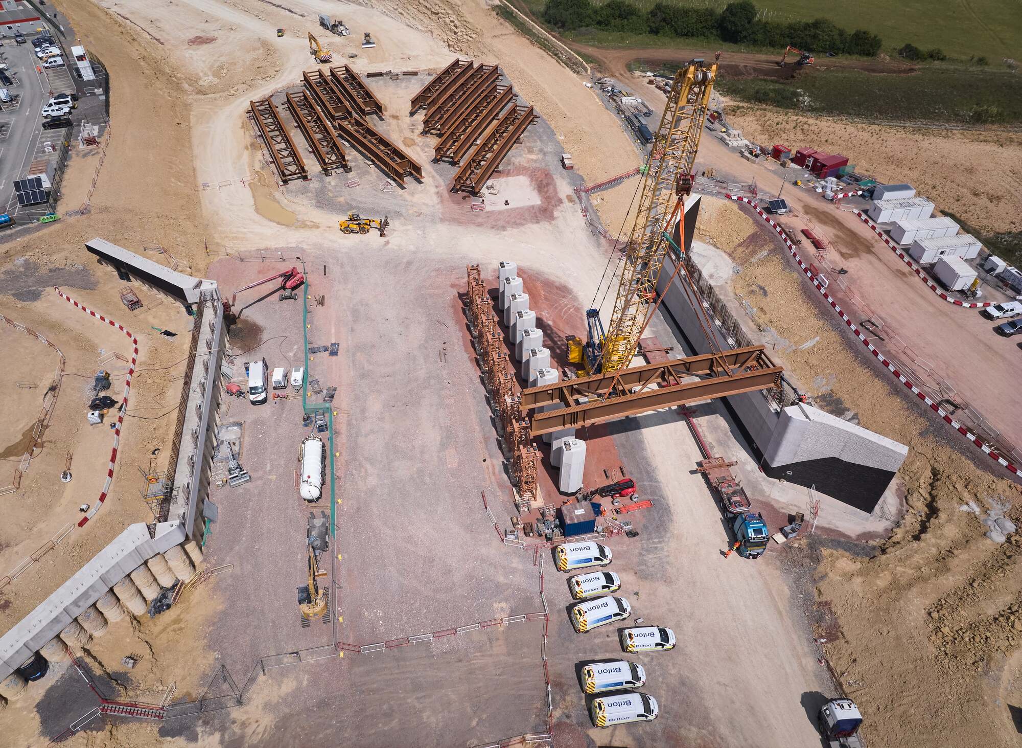 Bridge beams being lifted into place for the Gloucestershire Way bridge at Shab Hill