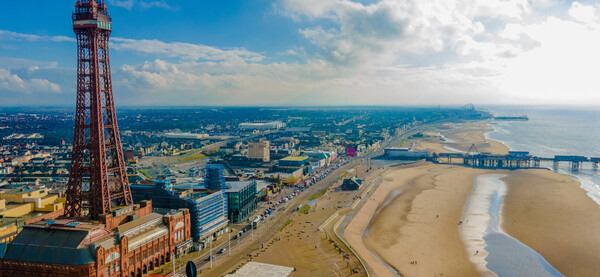 Image of Blackpool taken from above, looking down on Blackpool Tower and the coast line. 