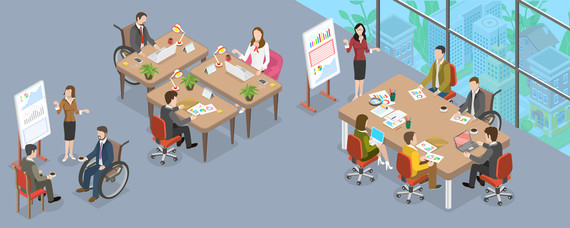 Illustration depicting an inclusive office with disabled and non-disabled workers