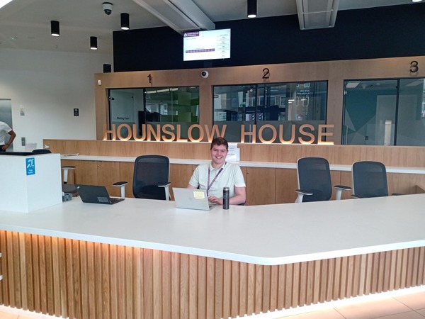 Harry H on the front desk of Hounslow House