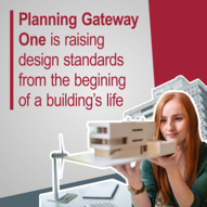 Woman with model of building