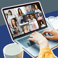 Laptop screen showing people taking part in an online meeting