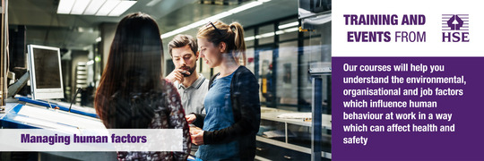 Banner showing a man and two women in a workplace setting discussing a project with the wording Managing Human Factors. 