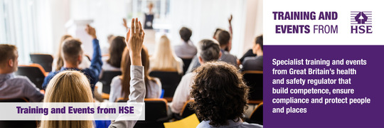 Banner image showing delegates raising their hands in a training session setting with the wording Training and Events from HSE.