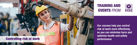 Banner showing photograph of a woman at work risk assessing machinery with the wording Controlling Risk at Work.