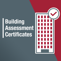 High-rise building with tick icon on red and grey background