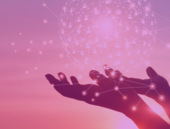 Hands holding globe of networked profiles