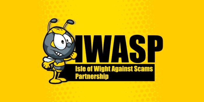 yellow background with a wasp character on it with the words IWASP Isle of Wight Partnership Against Scams in black on it. 