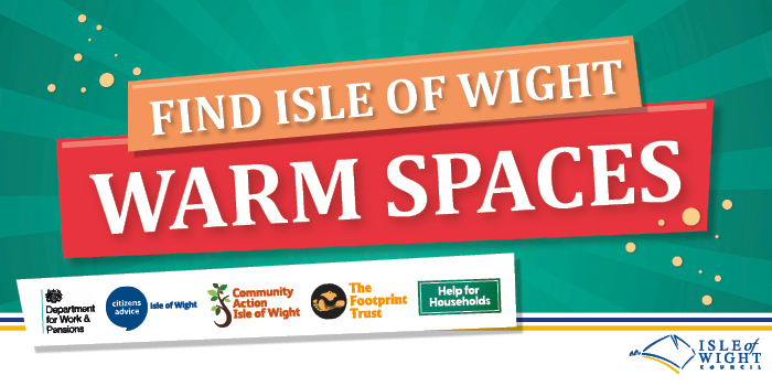 a green sunray background with a pale orange box that says 'find isle of wight' and below it a red box that says 'warm spaces'