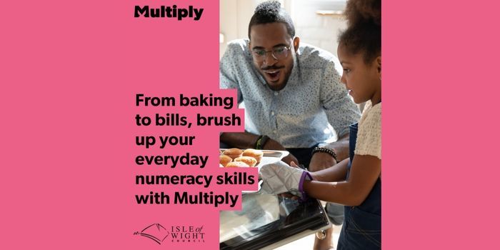 pink background with the words 'Multiply From baking to bills, brush up on your everyday numeracy skills with Multiply'. 