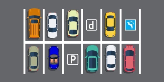 grey background with different coloured cars in a car park illustration