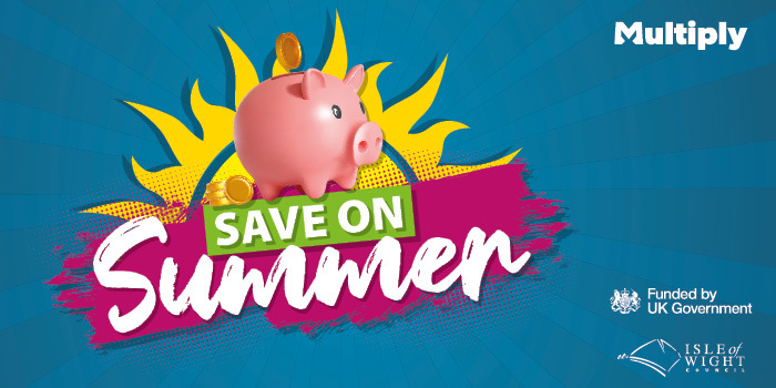 Text reads Save on Summer, image shows blue background with pink piggy bank and some coins dropping into it