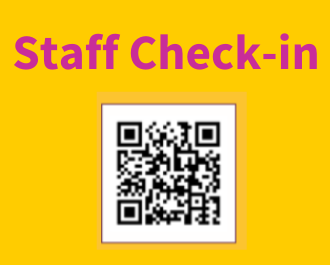 A sample QR code on a yellow background with the words "Staff check in"