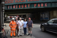 Thomas Bennett (Network) Rail, Cllr Michael O’sullivan, Jeremy Corbyn, Cllr Asima Shaikh and Cllr Gary Heather in front of the Seven Sisters bridge