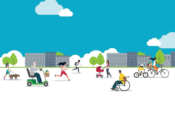 Graphic showing a variety of people walking, running, cycling, using their mobility scooter and walking their dog on an empty street