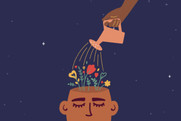 cartoon watering can watering flowers in the brain
