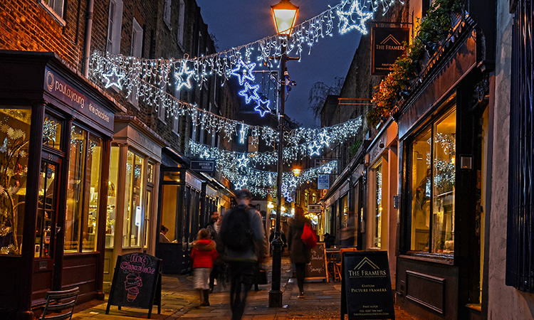 Christmas lights on Camden Passage