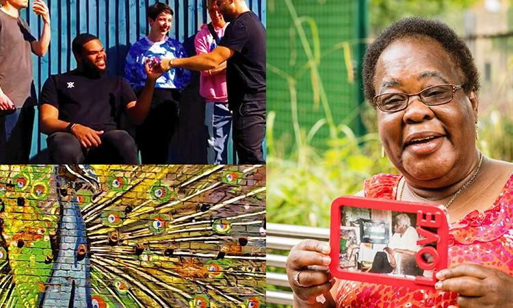 Collage of photos, one of group of young people, a 