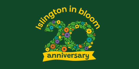 Islington in Bloom 20 anniversary logo, with 20 spelt in colourful flowers.