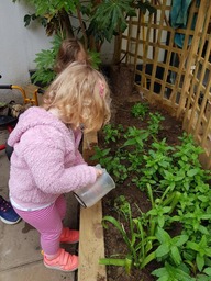 Two young children watering some plants