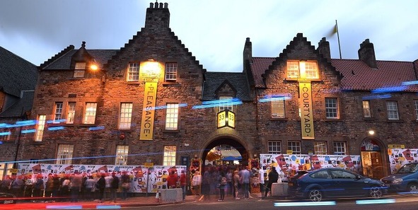 Pleasance theatre building outside with people queuing 