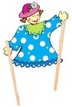 Colourful cartoon of a puppet controlled by lollipop sticks on its hands