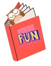Cartoon of a book with the title "fun" on the cover and an owl bookmark peeking out of the top
