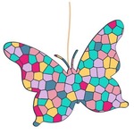 A dangling butterfly, made up of different coloured scraps