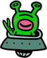 Cartoon of a green alien, waving from a flying saucer