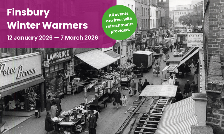 black and white photo of Islington street in the 1900s with event information written on top
