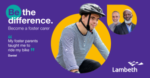 Foster campaign image boy with down syndrome on bicycle with foster fathers smiling