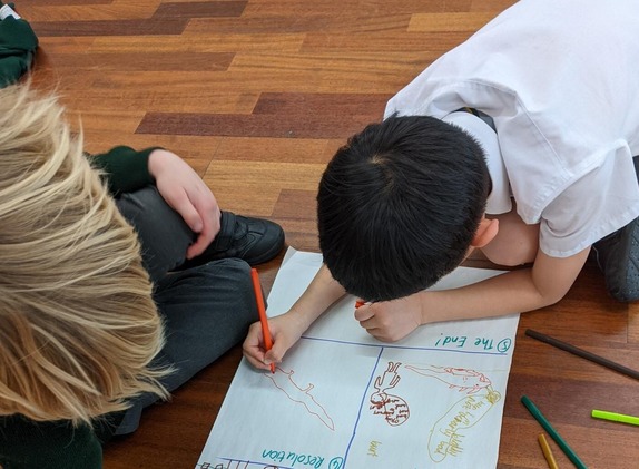 children writing on a big sheet of paper on the floor 